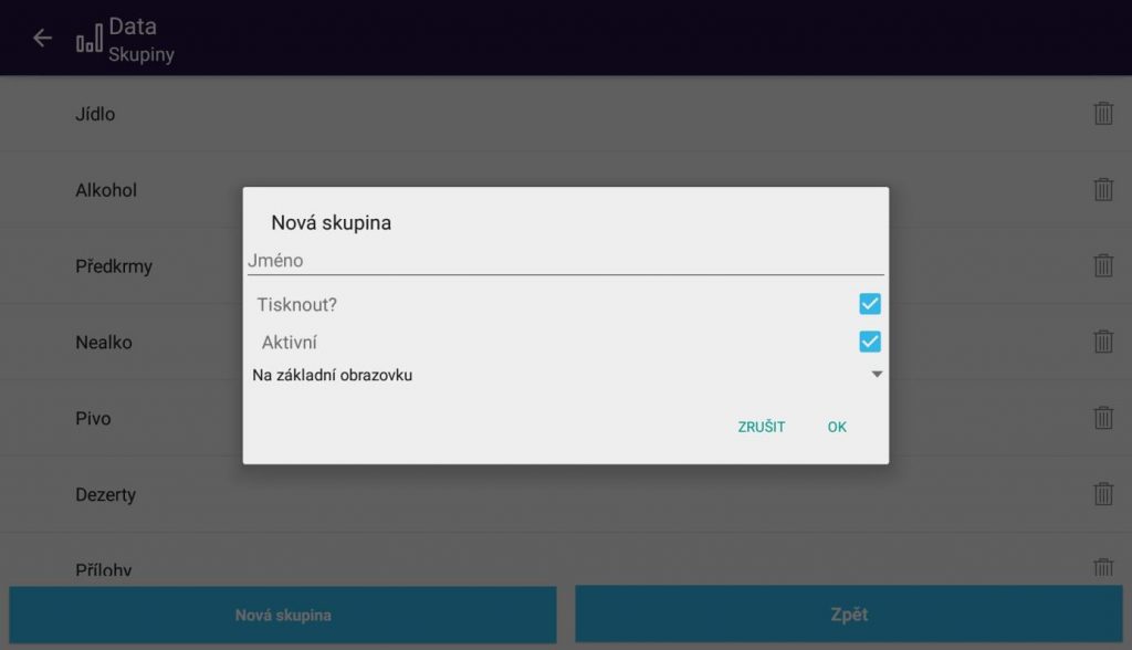 Snímek obrazovky z aplikace POS PEXESO s ukázkou přidání nové skupiny
