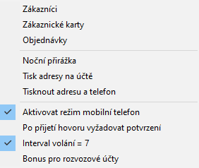 Menu Rozvoz v pokladním systému AWIS