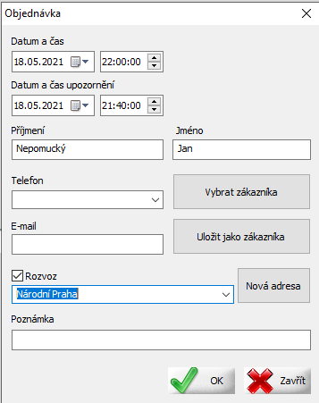 Dialog pro vytvoření objednávky v pokladním systému AWIS