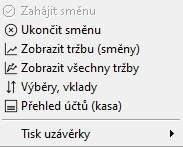 Menu Směna v pokladním systému AWIS