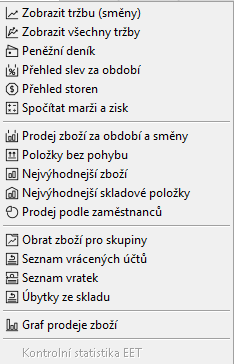 Menu stastiky v pokladním systému AWIS